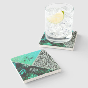 Glittery Teal Tropical Leopard Print       Stone Coaster