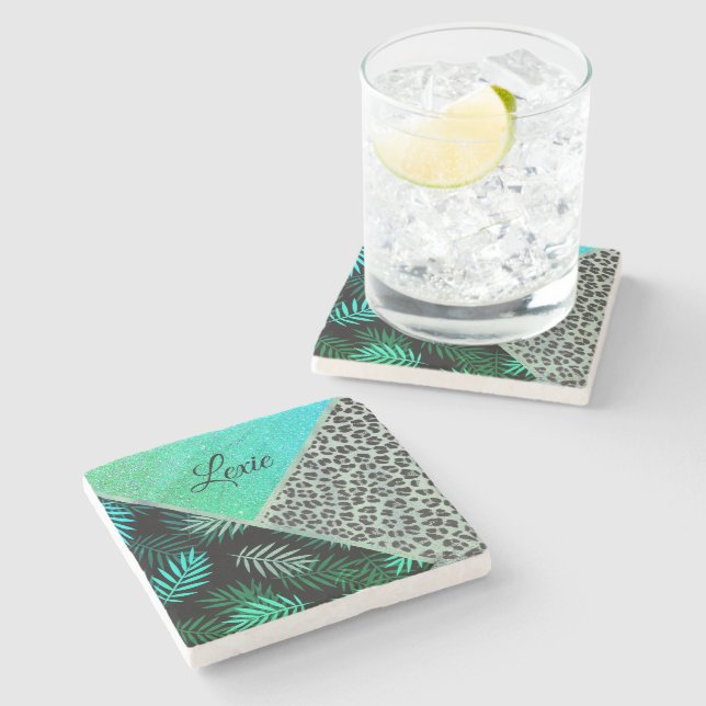 Glittery Teal Tropical Leopard Print       Stone Coaster (Side)