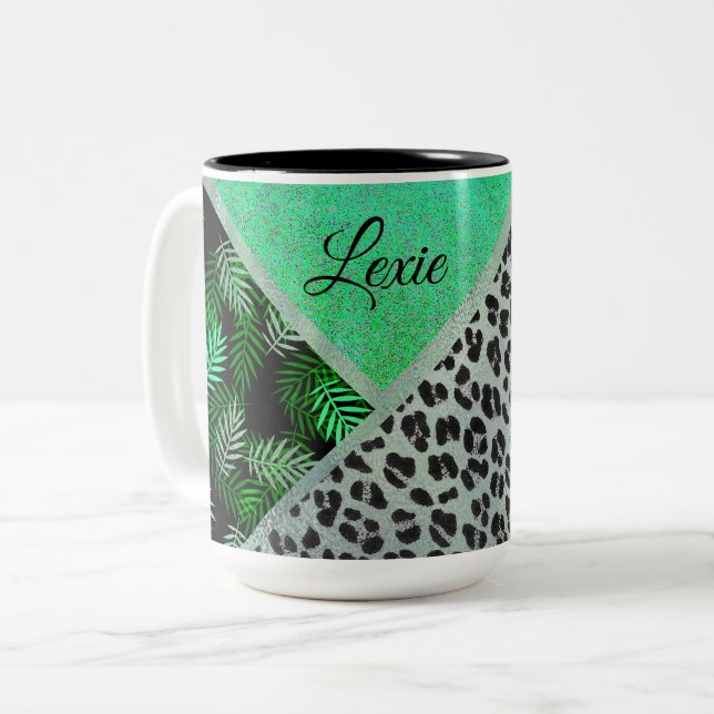 Glittery Teal Tropical Leopard Print      Two-Tone Coffee Mug (Front Left)