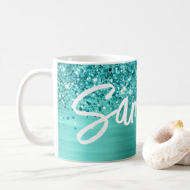 Glittery Teal Turquoise Glam Brush Script Name Coffee Mug (With Donut)
