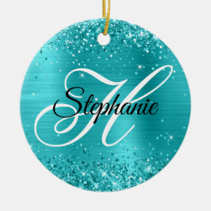 Glittery Turquoise Blue Foil Fancy Monogram Ceramic Ornament
