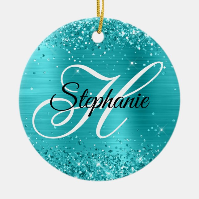 Glittery Turquoise Blue Foil Fancy Monogram Ceramic Ornament (Front)