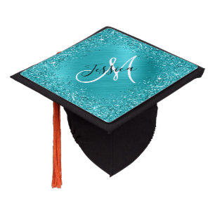 Glittery Turquoise Blue Foil Girly Glam Monogram Graduation Cap Topper