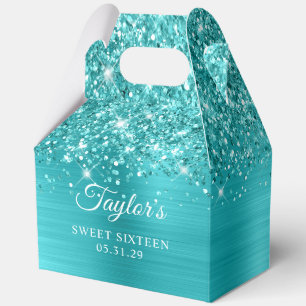 Glittery Turquoise Blue Foil Glam Sweet Sixteen Favor Box