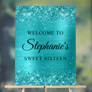 Glittery Turquoise Blue Foil Sweet sixteen Bienven