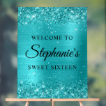 Glittery Turquoise Blue Foil Sweet Sixteen Welcome Acrylic Sign<br><div class="desc">Create your own 16th birthday party welcome 18x24 acrylic sign for your daughter. Replace the sample image with your own family photo. Customize the modern elegant calligraphy with a modern all caps style font to create your own personalized sign. The background features a faux sparkly teal blue glitter with a...</div>
