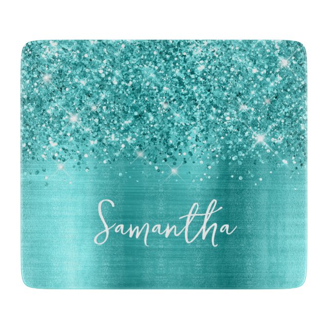Glittery Turquoise Blue Glam Name Cutting Board (Front)