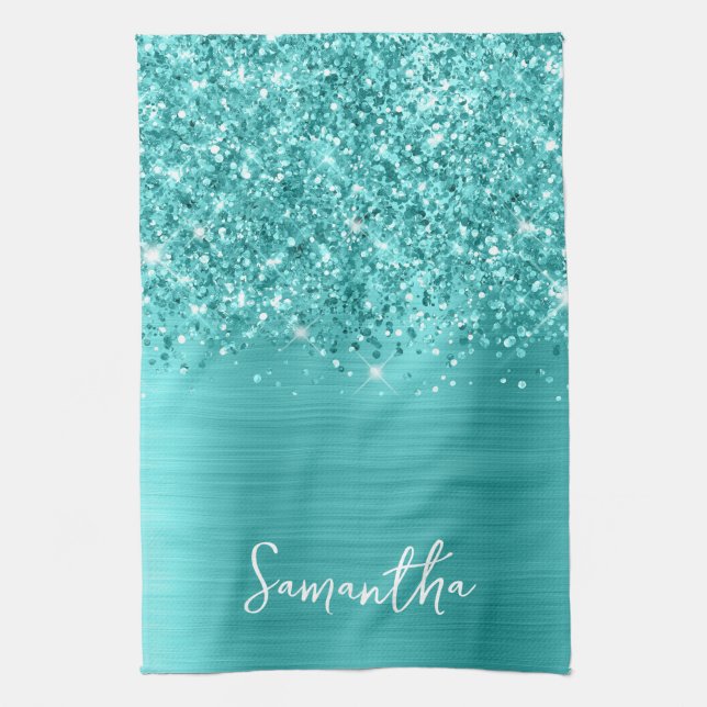 Glittery Turquoise Blue Glam Name Kitchen Towel (Vertical)