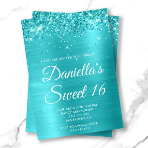 Glittery Turquoise Blue Metallic Sweet 16 Invitation