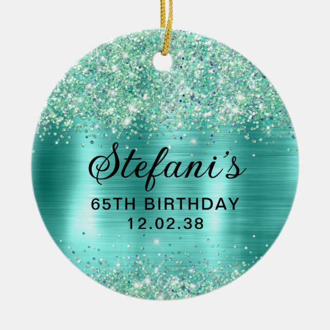 Glittery Turquoise Foil 65th Birthday  Ceramic Ornament (Front)