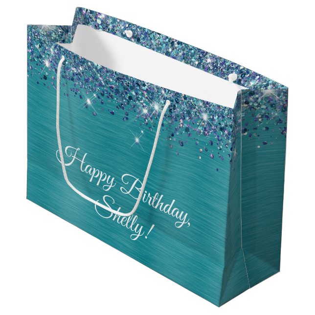 Glittery Turquoise Personalized Happy Birthday Large Gift Bag (Front Angled)