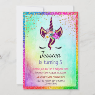 Glittery Unicorn Girl´s 5th Party Invitation