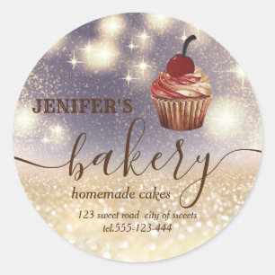 Glittery vintage cupcake chef script bakery classic round sticker