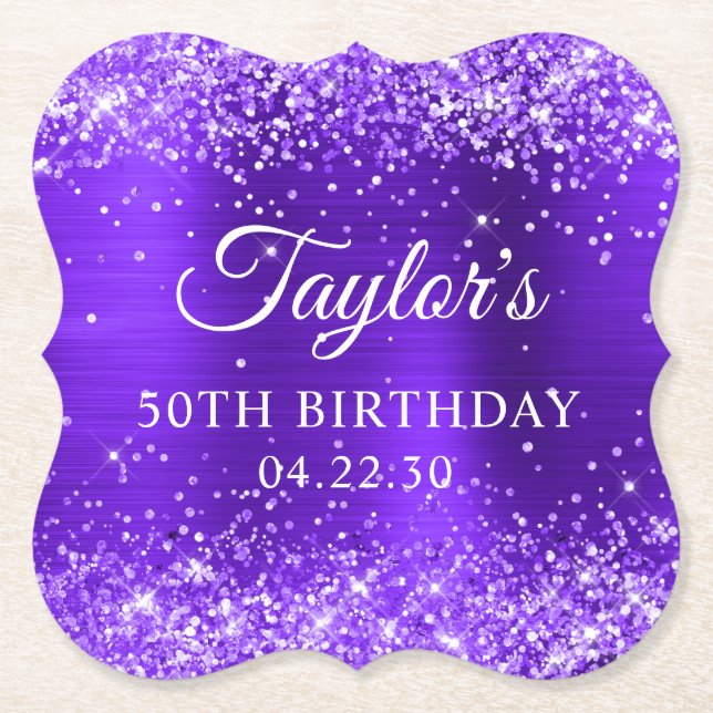 Glittery Violet Foil 50th Birthday Paper Coaster (Front)