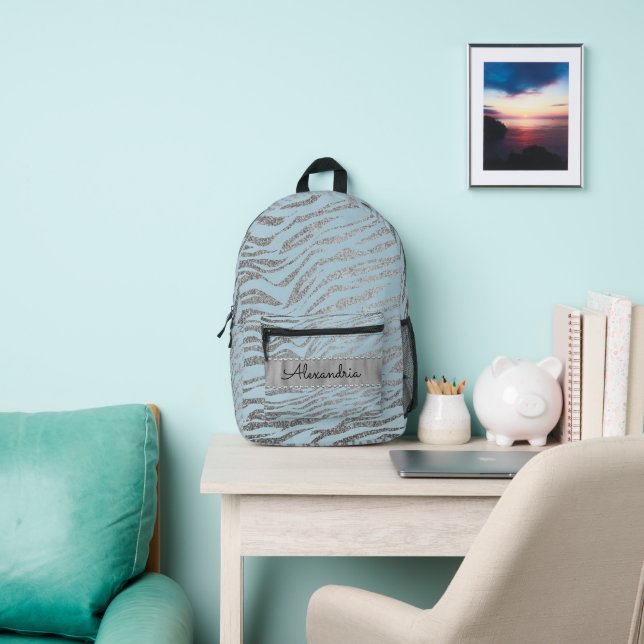 Glittery Zebra Print on Blue Personalized Printed Backpack (Insitu)
