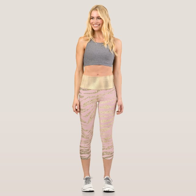 Glittery Zebra Print on Pink Blush  Capri Leggings (Front)