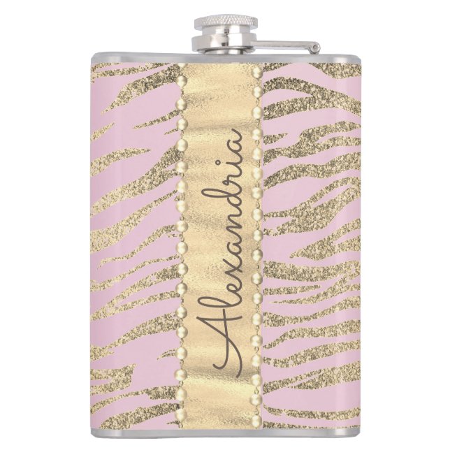 Glittery Zebra Print on Pink Blush Personalized Hip Flask (Back)