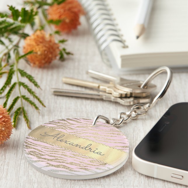 Glittery Zebra Print on Pink Blush Personalized Keychain (Front Right)