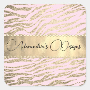 Glittery Zebra Print on Pink Logo Personalized Square Sticker
