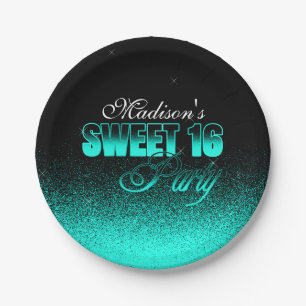 Glitz and Glamourous Black and Aqua Sweet 16 Paper Plate