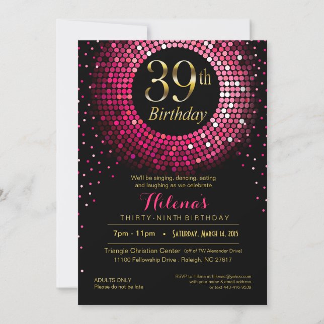 Glitz Bling Confetti 39th Birthday | fuchsia gold Invitation (Front)