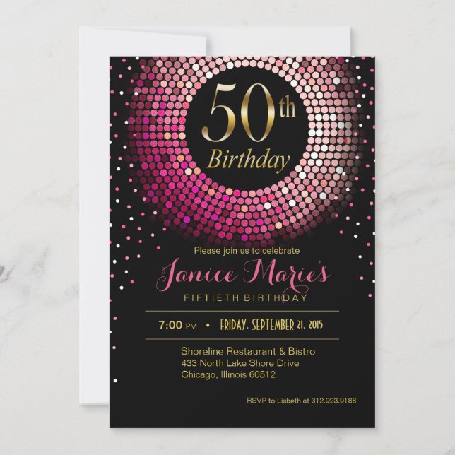 Glitz Bling Confetti 50th Birthday pink gold black Invitation (Front)