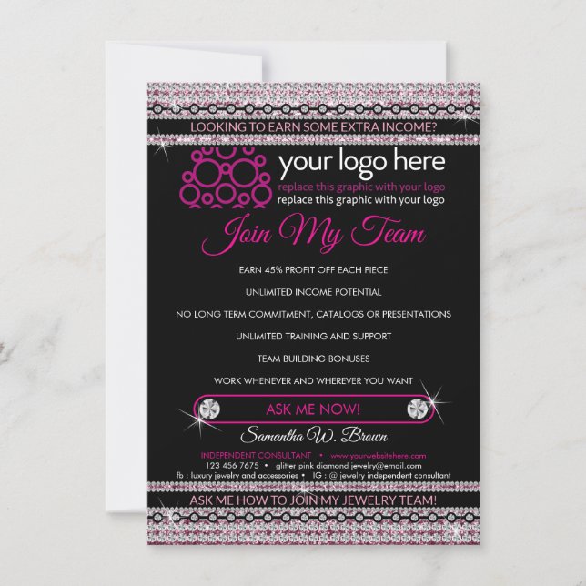 Glitz diamond pink Jewellery Join My Team Thank You Card (Front)