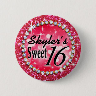 Glitz Glam Bling Sweet 16 Celebration hot pink 2 Inch Round Button