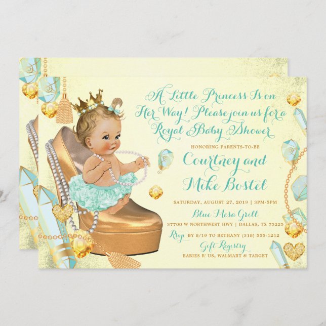 Glitz & Glam Mint Green & Yellow Baby Shower Invitation (Front/Back)
