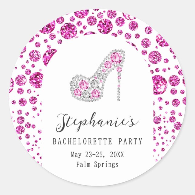Glitz & Glam Pink Diamonds Shoe Bachelorette Party Classic Round Sticker (Front)