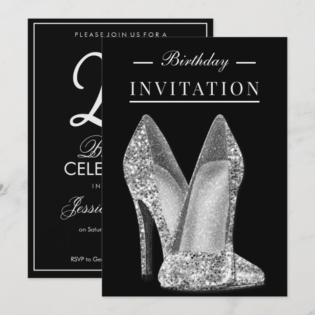 Glitz & Glamor Silver 25th Birthday Invitation (Front/Back)