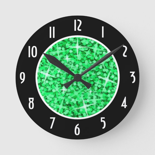 Glitz Green Black 'Numbers' clock round (Front)