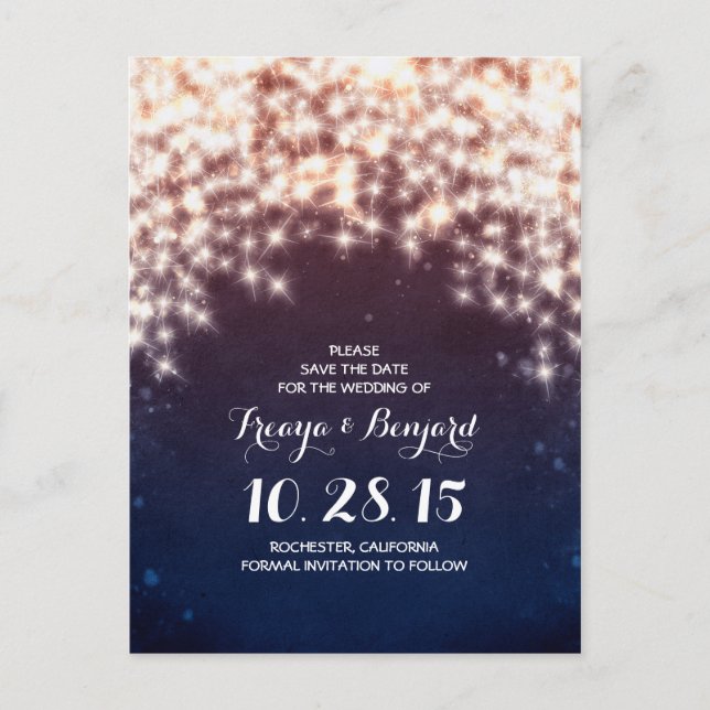 Glitz of string lights save the date postcards (Front)