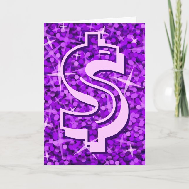 Glitz Purple dollar "$" 'Your Text' greetings card (Front)