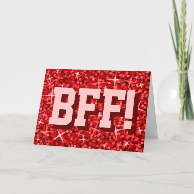 Glitz Red 'BFF!' 'Your Text' greetings card (Front)