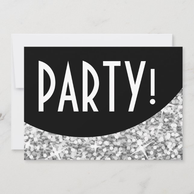 Glitz "Silver" black curve 'Party!' invitation (Front)