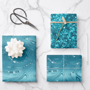 Glitzy Aqua Blue Turquoise Glitter Birthday Wrapping Paper Sheet