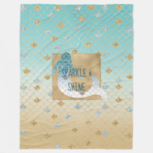 Glitzy Aqua Mermaid Blue Gold Sparkle Glitter   Fleece Blanket