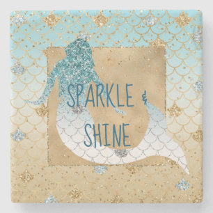 Glitzy Aqua Mermaid Blue Gold Sparkle Glitter Stone Coaster