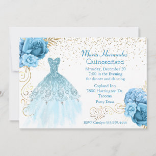 Glitzy Aquamarine and Gold Gown Quinceañera  Invitation