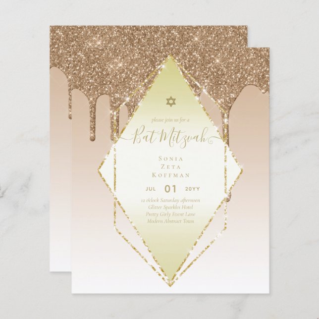 Glitzy BAT MITZVAH Invites Glitter Sparkles Modern (Front/Back)