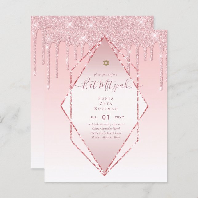 Glitzy BAT MITZVAH Invites Glitter Sparkles Modern (Front/Back)
