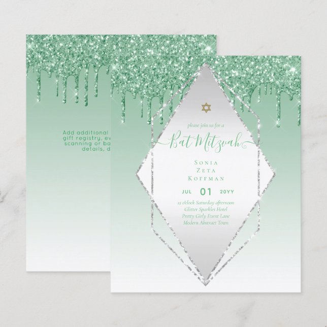 Glitzy BAT MITZVAH Invites Glitter Sparkles Modern (Front/Back)