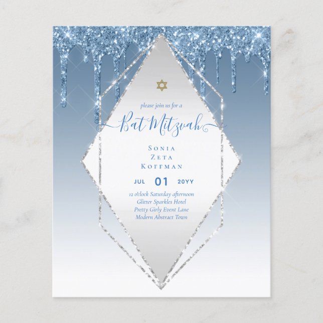 Glitzy BAT MITZVAH Invites Glitter Sparkles Modern Flyer (Front)