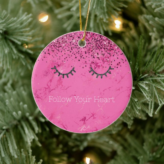 Glitzy Black Eyelashes Pink Marble Glitter Ceramic Ornament (Tree)