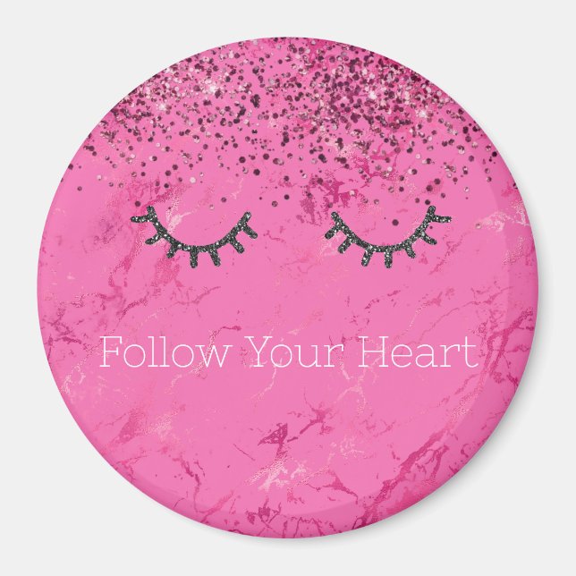 Glitzy Black Eyelashes Pink Marble Glitter Magnet (Front)
