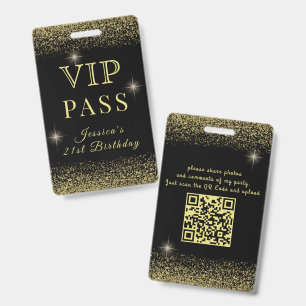 Glitzy Black & Gold Sparkly VIP Birthday Pass Badge