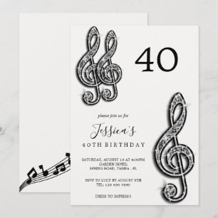 Glitzy Black Music Notes Birthday Invitation