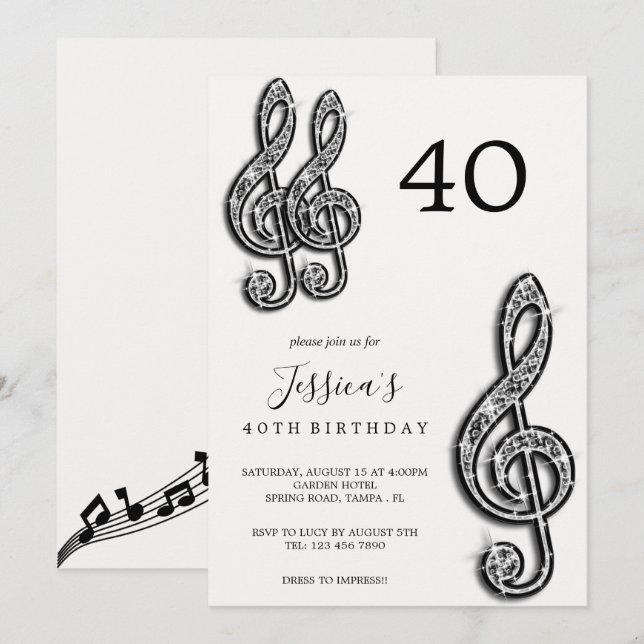 Glitzy Black Music Notes Birthday Invitation (Front/Back)
