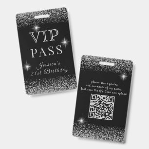 Glitzy Black & Silver Sparkly VIP Birthday Pass Badge